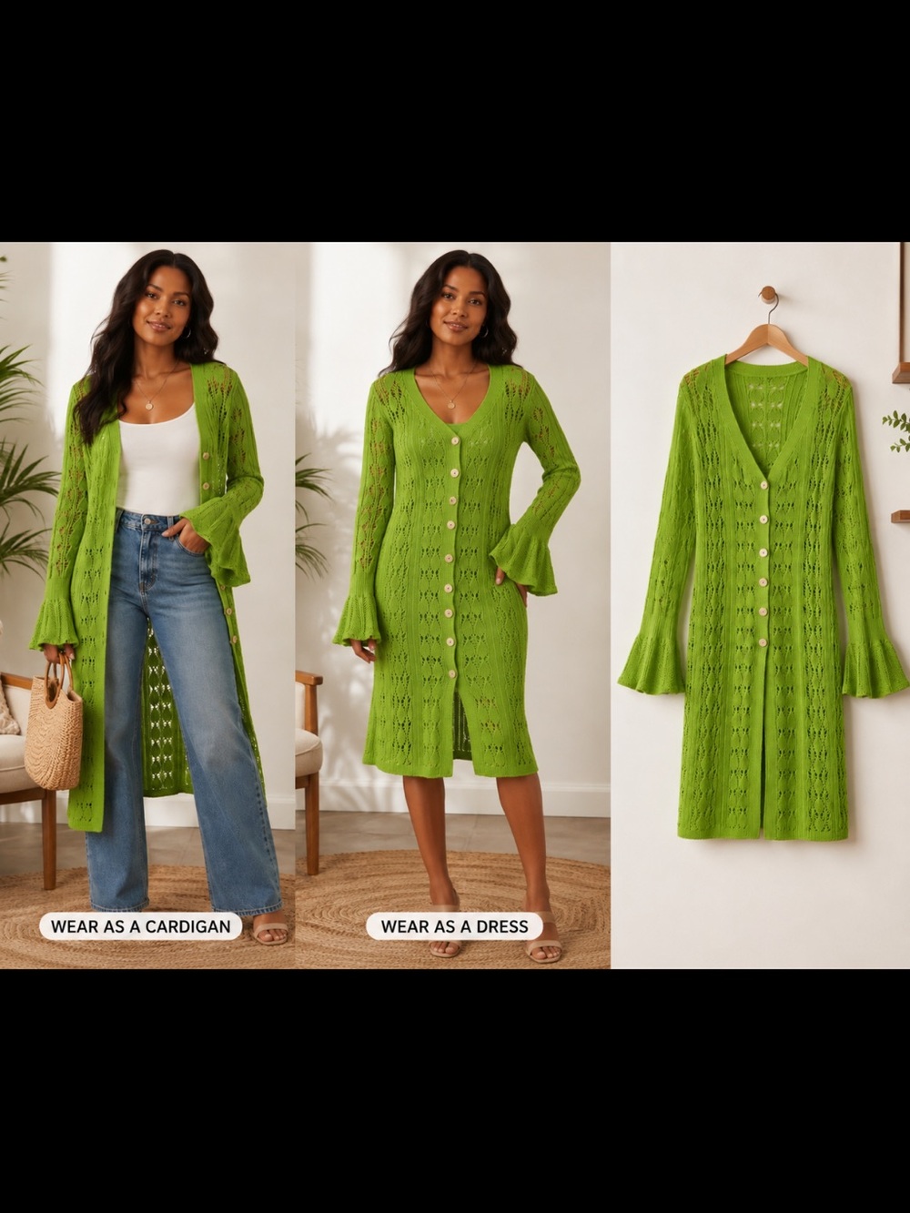 Boutique 9 Lime Green Open-Knit Button-Front Midi Dress